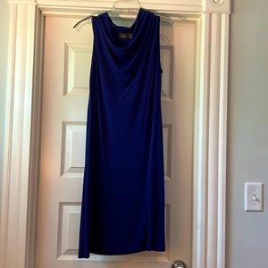 Cowl neck dress in flattering blue color; will pack without wrinkling!